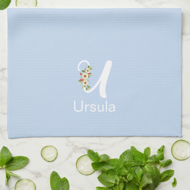 Watercolor botanical blue initial monogram tea towel (Folded)