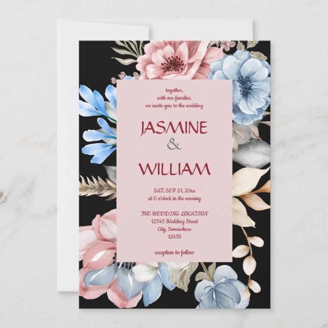 watercolor botanical blue & rosy floral invitation (Front)