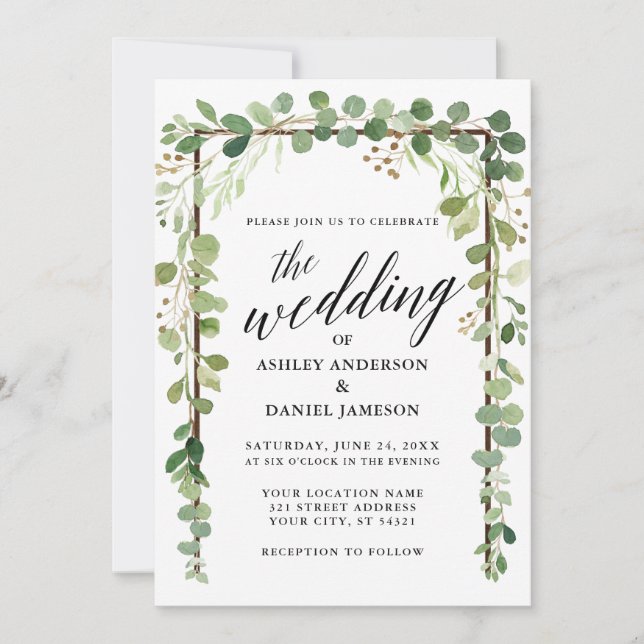 Watercolor Botanical Calligraphy Wood Wedding Invitation (Front)