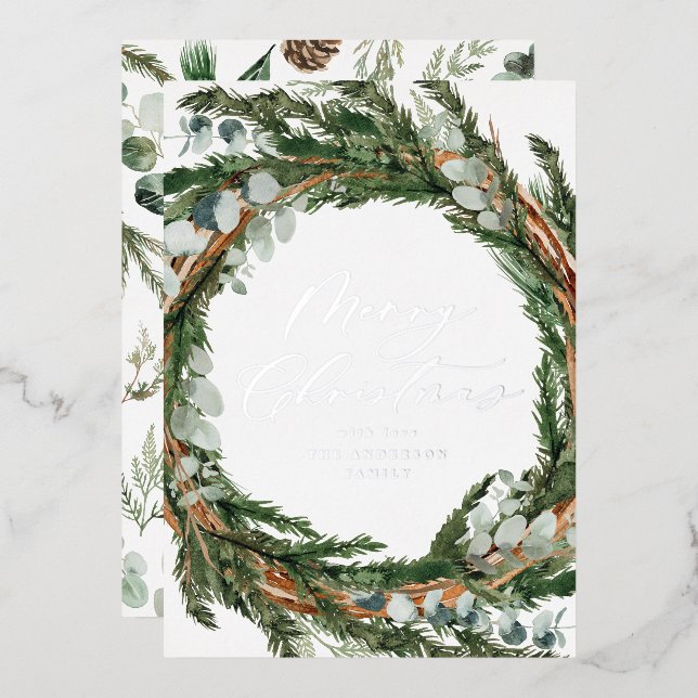 Watercolor botanical elegant script Christmas Foil Holiday Card (Front/Back)