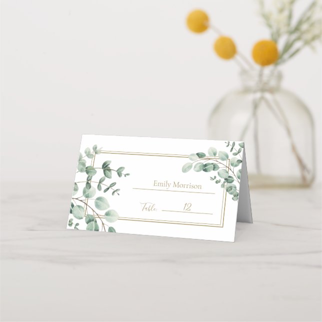 Watercolor Botanical Eucalyptus Greenery Wedding Place Card (Front)