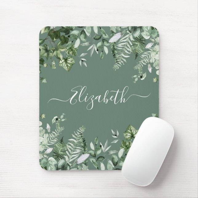 Watercolor Botanical Ferns Ivy Sage Green Mouse Pad (With Mouse)