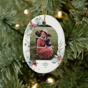 Watercolor Botanical Floral Arch Photo Christmas  Ceramic Ornament