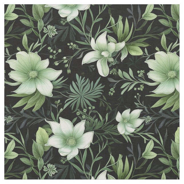 Watercolor botanical floral black and green fabric (Close Up)
