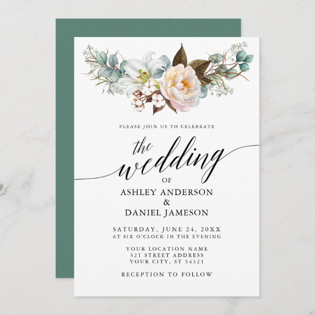 Watercolor Botanical Floral Calligraphy Wedding Invitation (Front/Back)