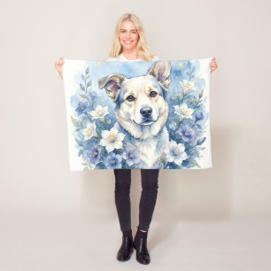 Watercolor Botanical Floral Dog Portrait Fleece Blanket