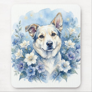 Watercolor Botanical Floral Dog Portrait Mouse Pad