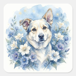 Watercolor Botanical Floral Dog Portrait Square Sticker