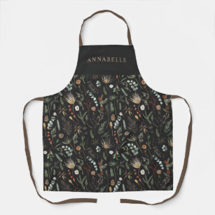 Watercolor botanical floral moody black modern apron