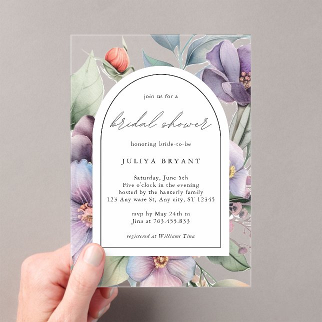 Watercolor botanical floral script bridal shower acrylic invitations (Insitu (Handheld))