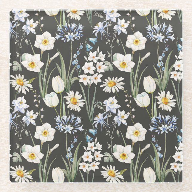 Watercolor botanical, floral spring pattern. glass coaster (Front)