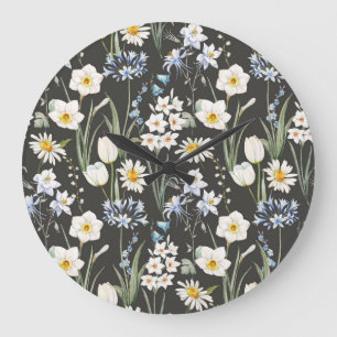 Watercolor botanical, floral spring pattern. large clock