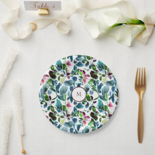 Watercolor botanical flowers elegant monogrammed paper plate