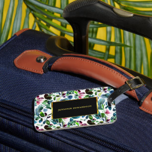 Watercolor botanical flowers greenery elegant luggage tag