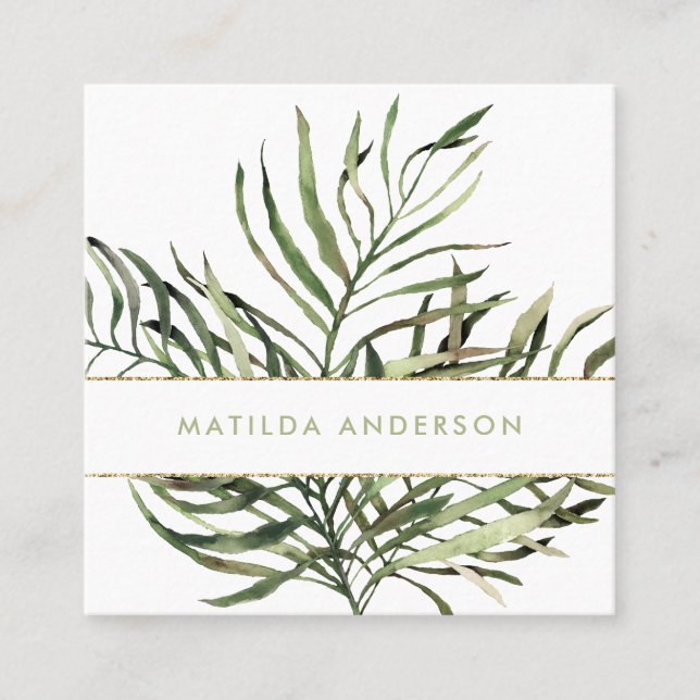Watercolor botanical foliage and gold details square business card (Front)