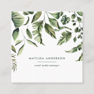 Watercolor botanical foliage modern tropical square business card