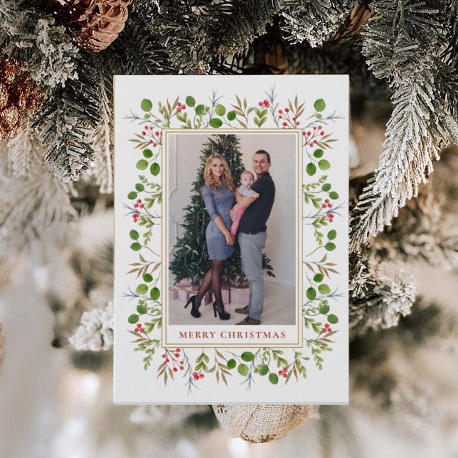 Watercolor Botanical Frame Christmas photo Holiday Card (Creator Uploaded)