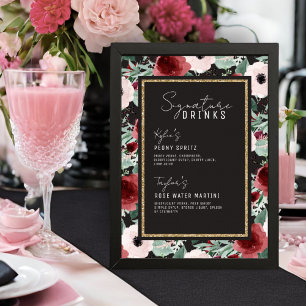 Watercolor Botanical Gold Signature Drinks Wedding Poster