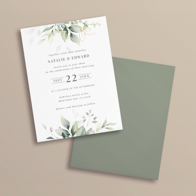 Watercolor botanical green gold elegant wedding flyer (Creator Uploaded)