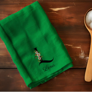 Watercolor botanical green initial monogram tea towel