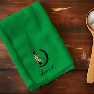 Watercolor botanical green initial monogram tea towel