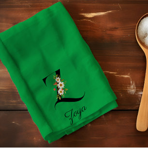 Watercolor botanical green initial monogram tea towel