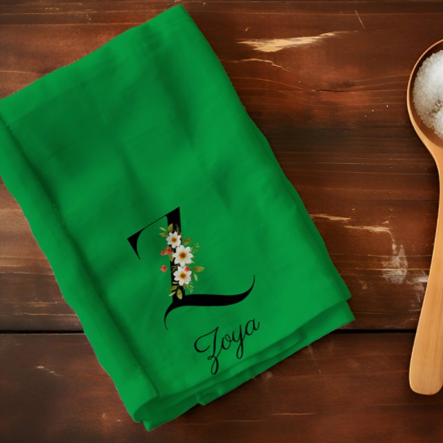 Watercolor botanical green initial monogram tea towel (Creator Uploaded)