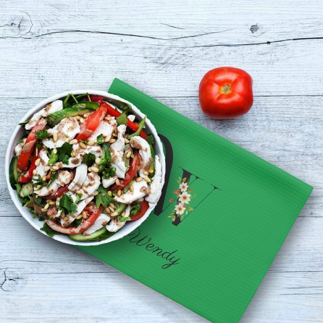 Watercolor botanical green initial monogram tea towel (Creator Uploaded)