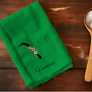 Watercolor botanical green initial monogram tea towel