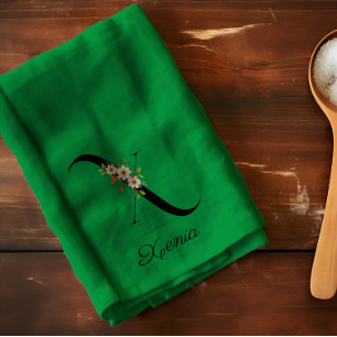 Watercolor botanical green initial monogram tea towel