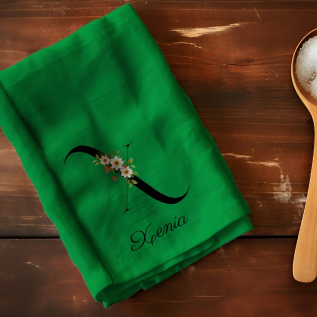 Watercolor botanical green initial monogram tea towel (Creator Uploaded)