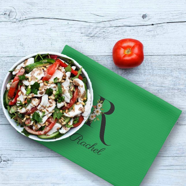 Watercolor botanical green initial monogram tea towel (Creator Uploaded)