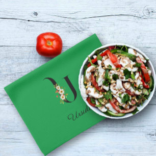 Watercolor botanical green initial monogram tea towel