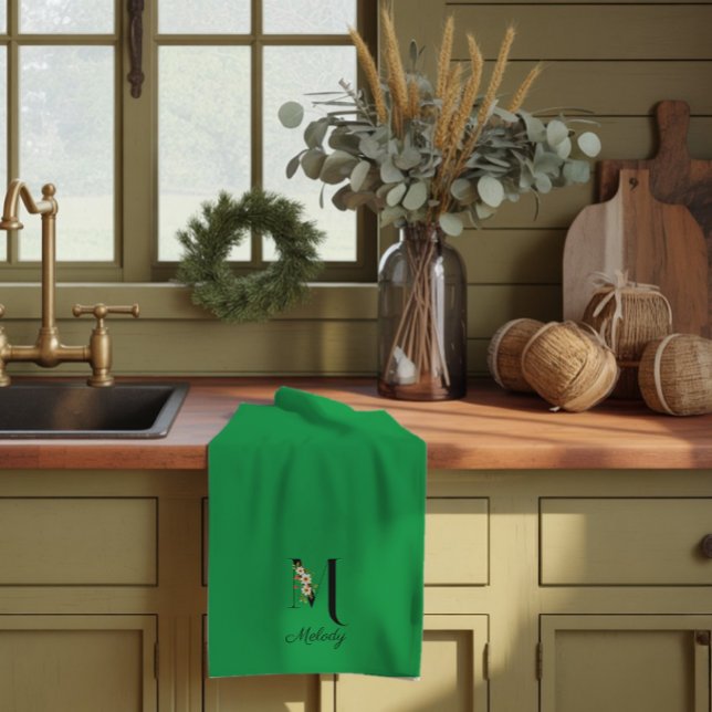 Watercolor botanical green initial monogram tea towel (Creator Uploaded)
