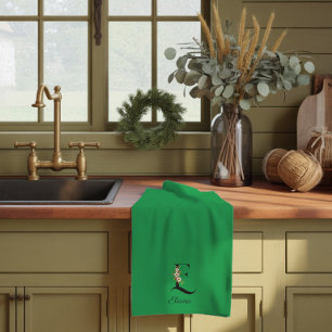 Watercolor botanical green initial monogram tea towel
