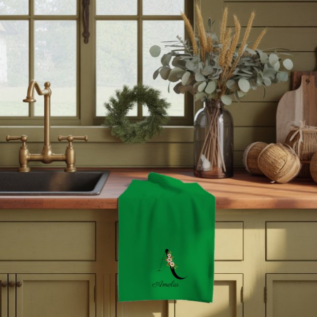 Watercolor botanical green initial monogram tea towel (Creator Uploaded)