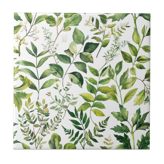 Watercolor Botanical Green leaves  Ceramic Tile (Front)