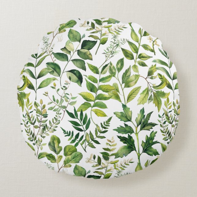 Watercolor Botanical Green leaves  Round Cushion (Front)