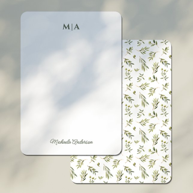 Watercolor Botanical Green Olives Monogram & Name Card (Creator Uploaded)
