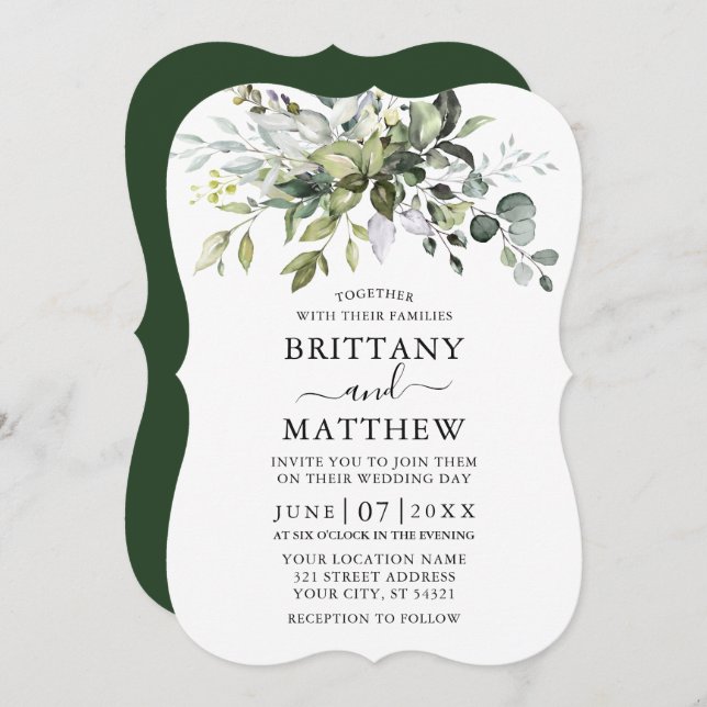 Watercolor Botanical Greenery Bracket Wedding Invitation (Front/Back)