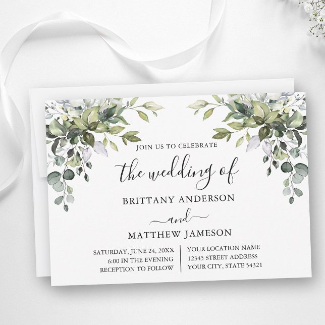 Watercolor Botanical Greenery Calligraphy Wedding Invitation (Customize to change text color, text style or add text & photos to back of card.)