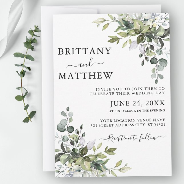 Watercolor Botanical Greenery Calligraphy Wedding Invitation (Customize to change text size, color or style.)