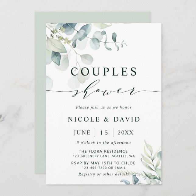 Watercolor Botanical Greenery Couples Shower Invitation (Front/Back)