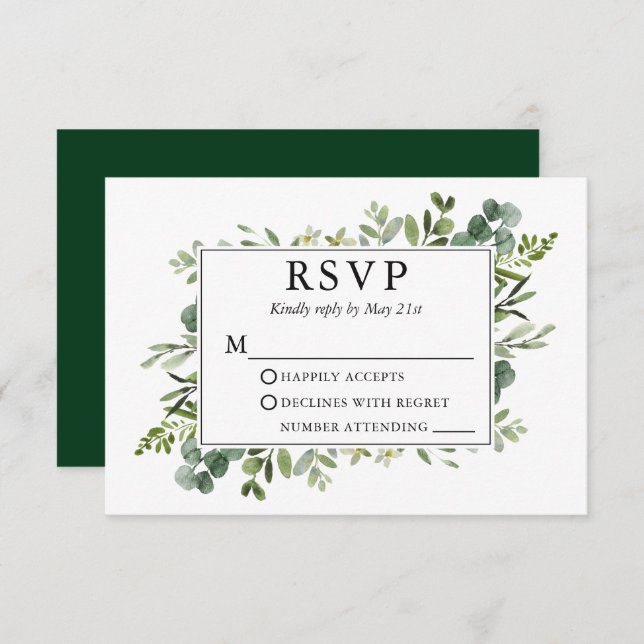 Watercolor Botanical Greenery Emerald Green RSVP Card (Front/Back)