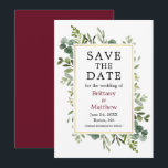 Watercolor Botanical Greenery Eucalyptus Burgundy Save The Date<br><div class="desc">Modern Elegant Watercolor Botanical Greenery Save The Date Card includes eucalyptus leaves and botanical greenery foliage on a gold frame. Burgundy Back.</div>