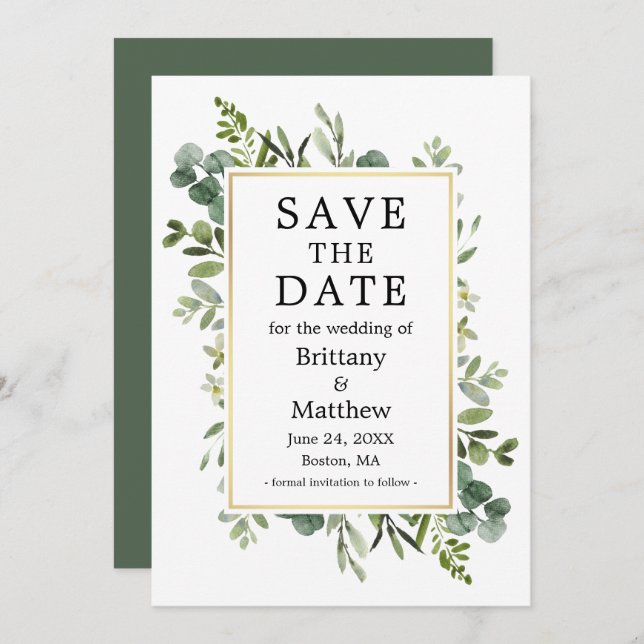 Watercolor Botanical Greenery Eucalyptus Green Save The Date (Front/Back)