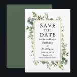 Watercolor Botanical Greenery Eucalyptus Green Save The Date<br><div class="desc">Modern Elegant Watercolor Botanical Greenery Save The Date Card includes eucalyptus leaves and botanical greenery foliage on a gold frame.</div>