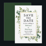 Watercolor Botanical Greenery Eucalyptus Leaves Save The Date<br><div class="desc">Modern Elegant Watercolor Botanical Greenery Save The Date Card includes eucalyptus leaves and botanical greenery foliage on a gold frame.</div>