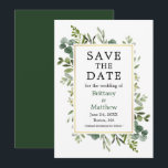 Watercolor Botanical Greenery Eucalyptus Leaves Save The Date<br><div class="desc">Modern Elegant Watercolor Botanical Greenery Save The Date Card includes eucalyptus leaves and botanical greenery foliage on a gold frame.</div>
