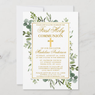 Watercolor Botanical Greenery Gold First Communion Invitation